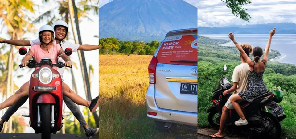 Tourists riding scooters and car for getting around Bali