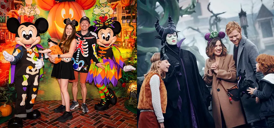 Halloween character meet and greets at Disneyland Paris with Disney villains and classic characters in costumes.